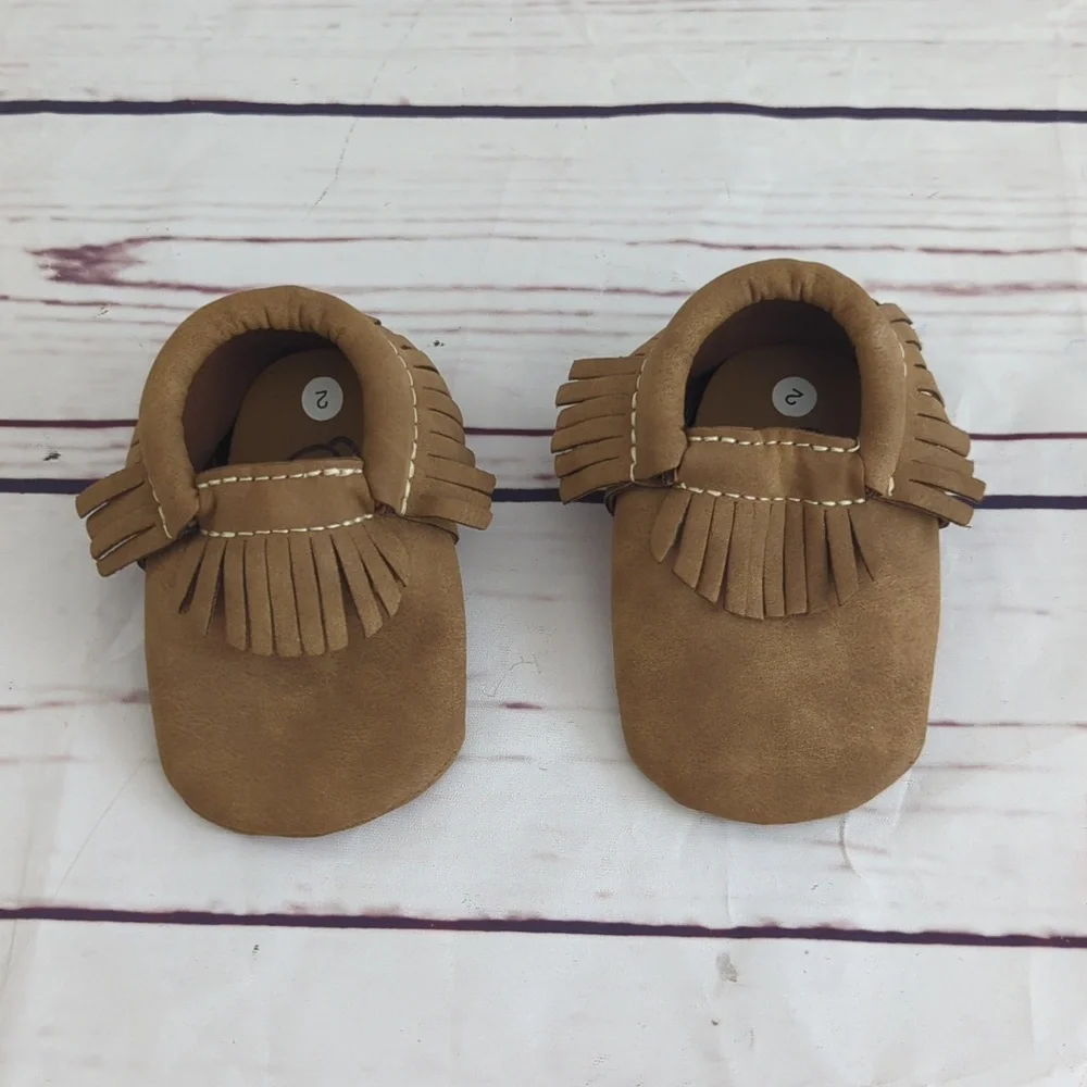First Steps baby toddler shoes moccasins, two pairs gray & brown, size 2